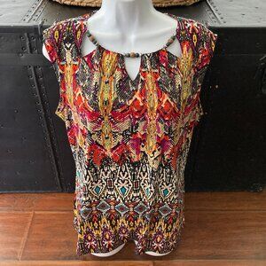 Carolyn Taylor Snakeskin Colorful Boho Print Sleeveless Top Cut Out neckline L